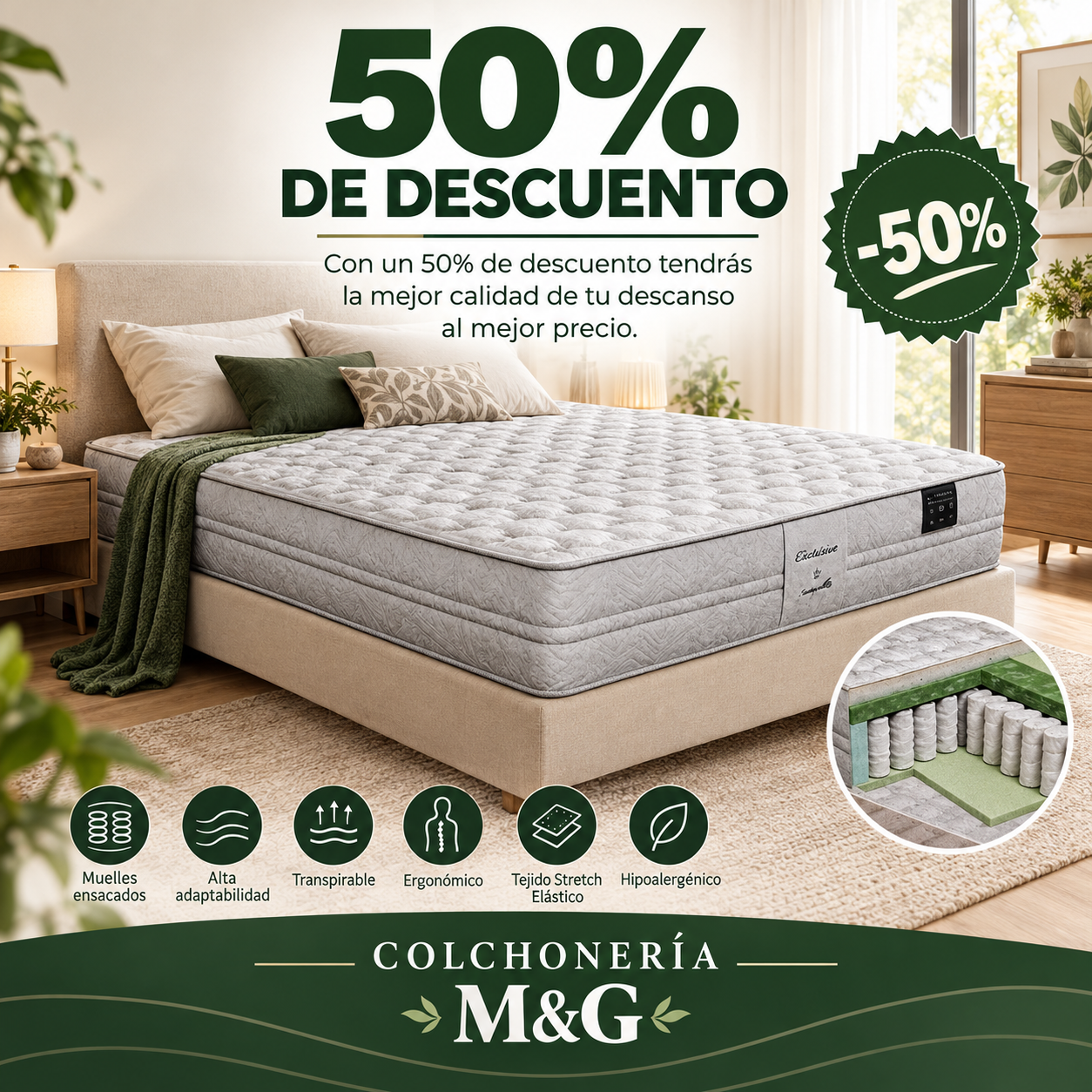 Cartel de la oferta «COLCHÓN  PROMO, LA MEJOR CALIDAD DE TU DESCANSO AL MEJOR PRECIO»