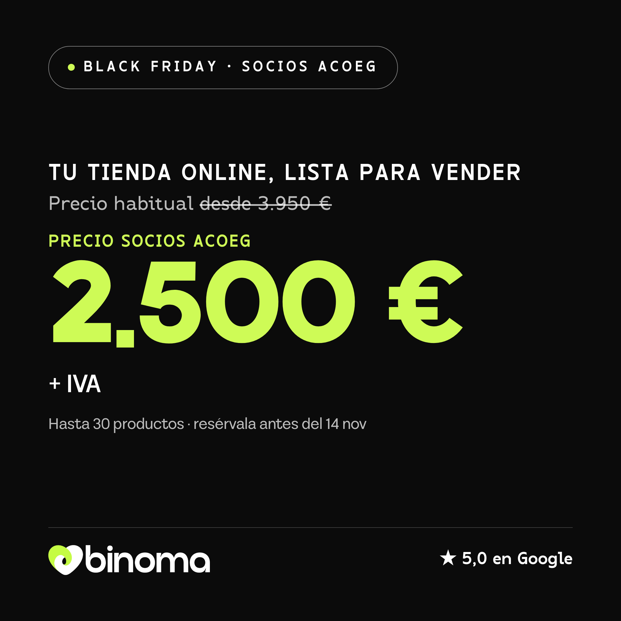 Cartel de la oferta «Tienda online lista para Black Friday — 2.500 € socios»