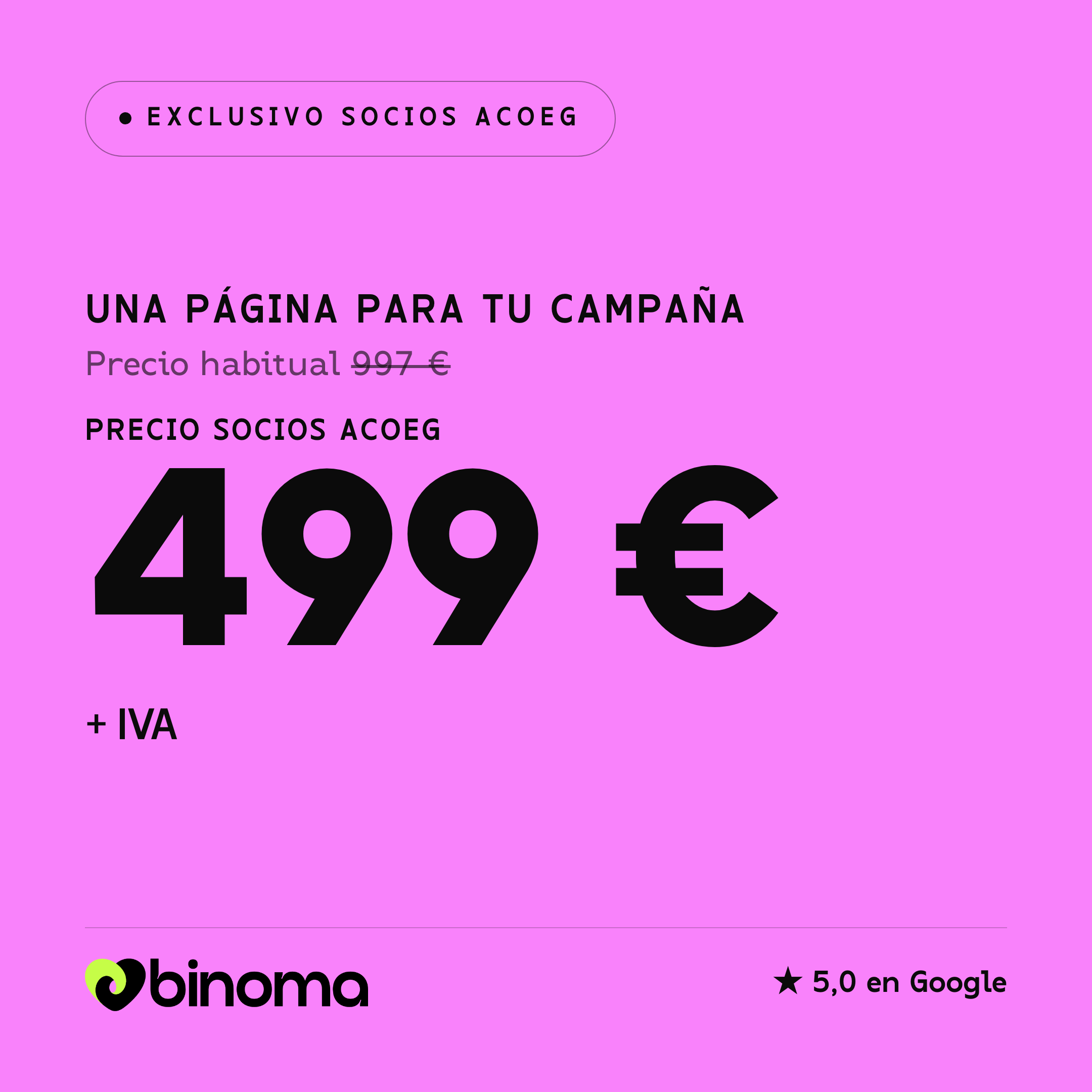 Cartel de la oferta «Una página web para tu campaña por 499 € + IVA · socios ACOEG»