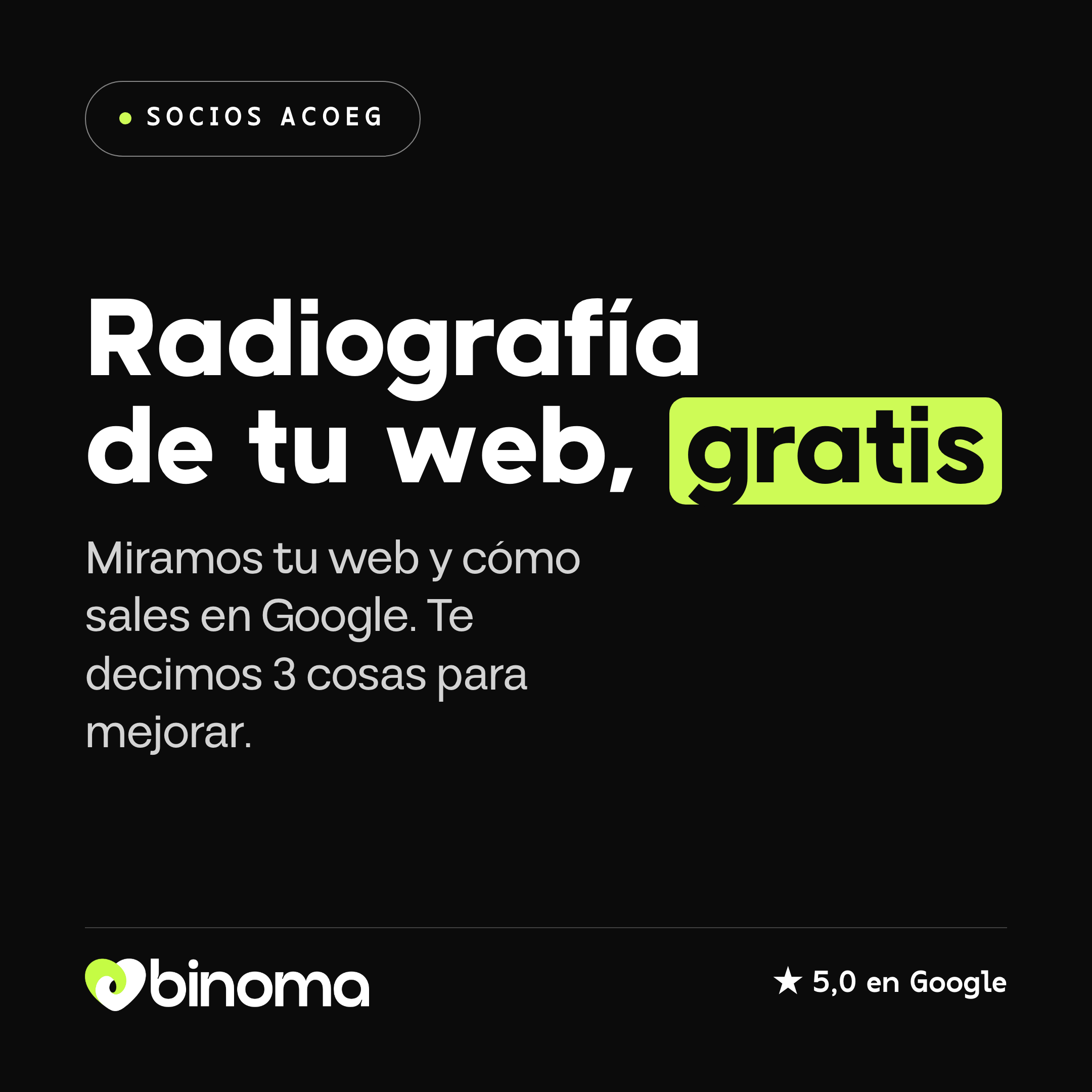 Cartel de la oferta «Radiografía de tu web, gratis · socios ACOEG»
