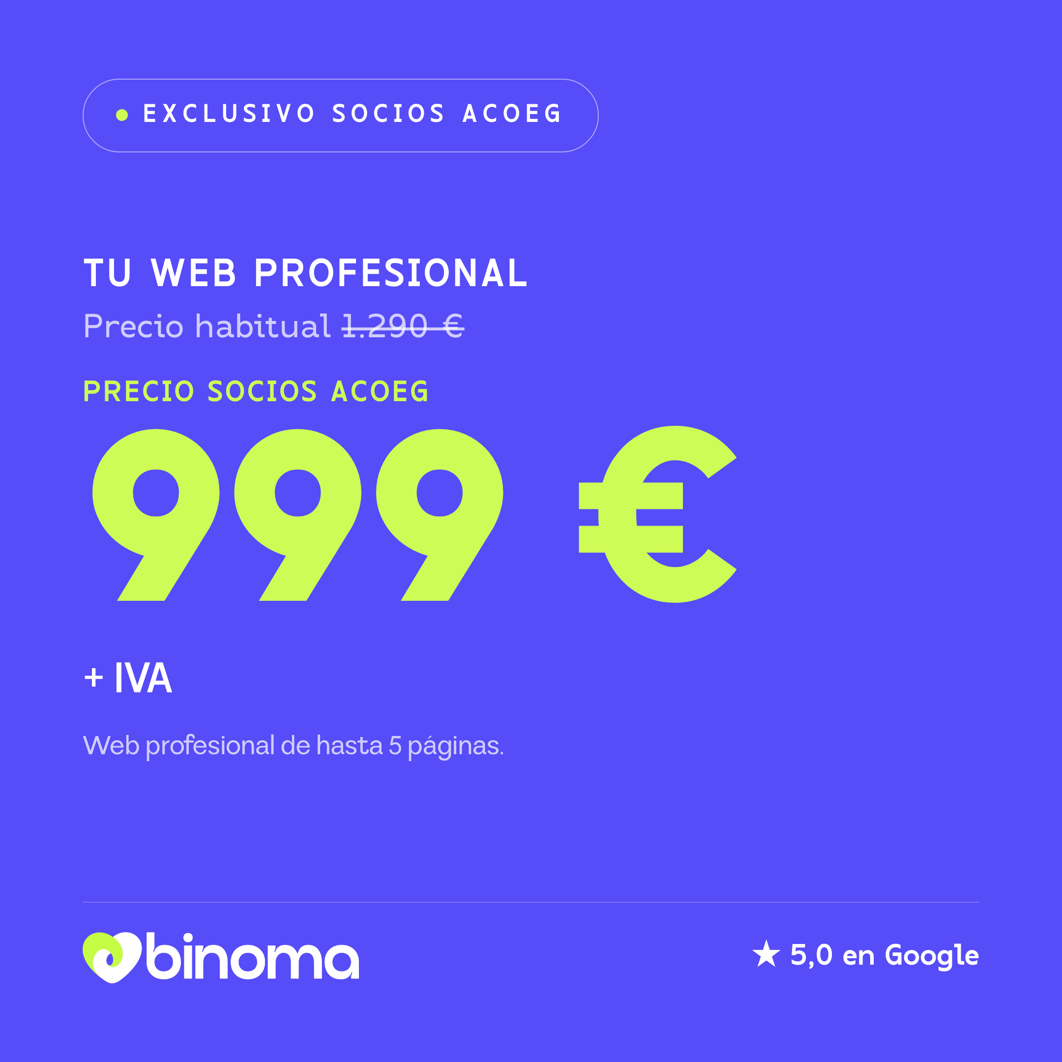 Cartel de la oferta «Tu web profesional por 999 € + IVA · socios ACOEG»